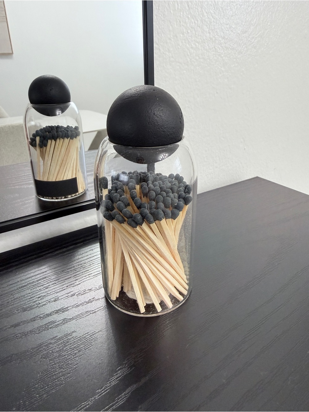 Glass Match Jar with Black Lid and Black Match Heads